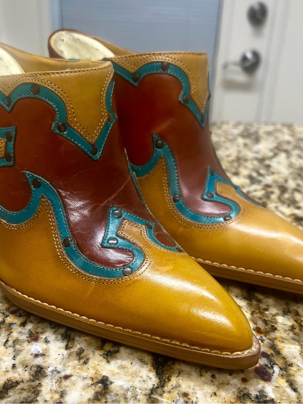 BCBGirls Mustard, Teal & Brown Leather Western Ankle Boots